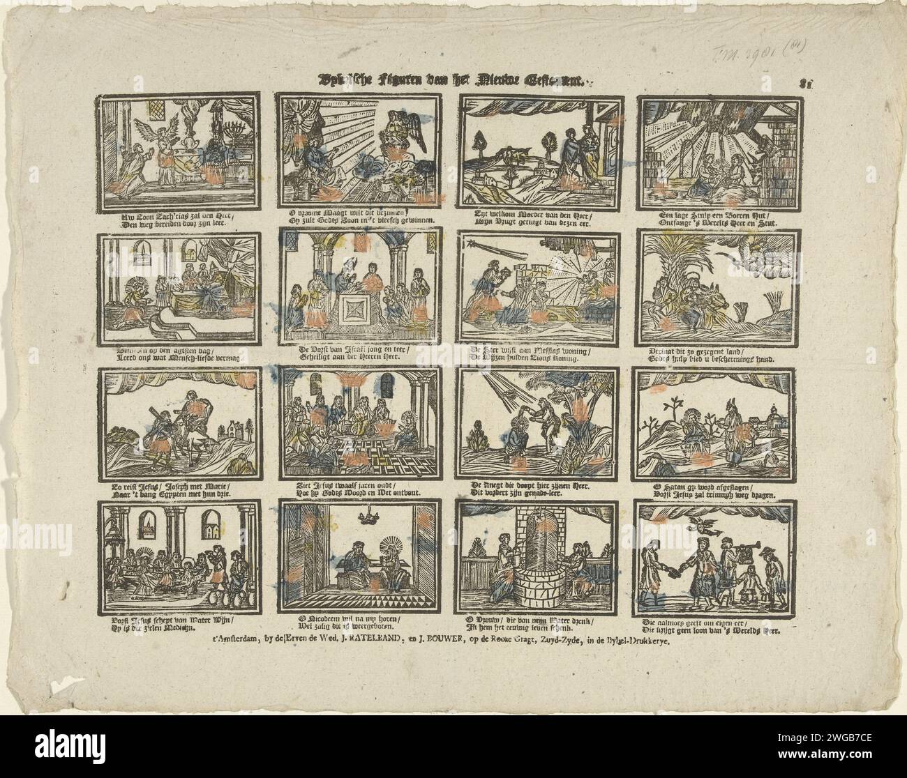 Bybelsche figure del nuovo Testamento, c. 1782 - c. 1793 stampa Leaf con 16 esecuzioni di storie del nuovo Testamento. Sotto ogni immagine un verso bidirezionale. Numerato in alto a destra: 81. Editore: Amsterdamprint Maker: Stampa tipografica su carta olandese New Testament Foto Stock