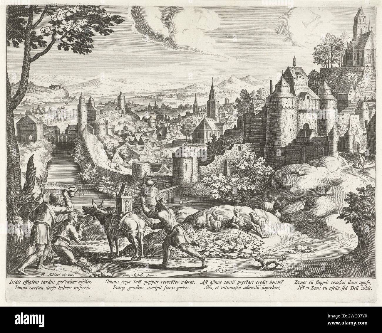 Paesaggio con l'emblema del culto dell'idolo dell'ISIS, Johann Sadeler (i), dopo Hans Bol, 1595 - 1600 stampa paesaggio collinare con una città e le mura della città. Sulla sinistra in primo piano, alcuni agricoltori adorano un'immagine della dea femminile Iside che viene trasportata su un asino. Accanto all'asino c'è un uomo che punisce l'animale con una frusta. L'asino pensa che il popolo, invece di Iside, lo adori. Questa è l'immaginazione di un emblema in cui la morale della storia mette in guardia contro l'arroganza e l'onore inmeritato. La stampa ha una didascalia latina con la Didascalia dell'emblema non Tibi S. Foto Stock