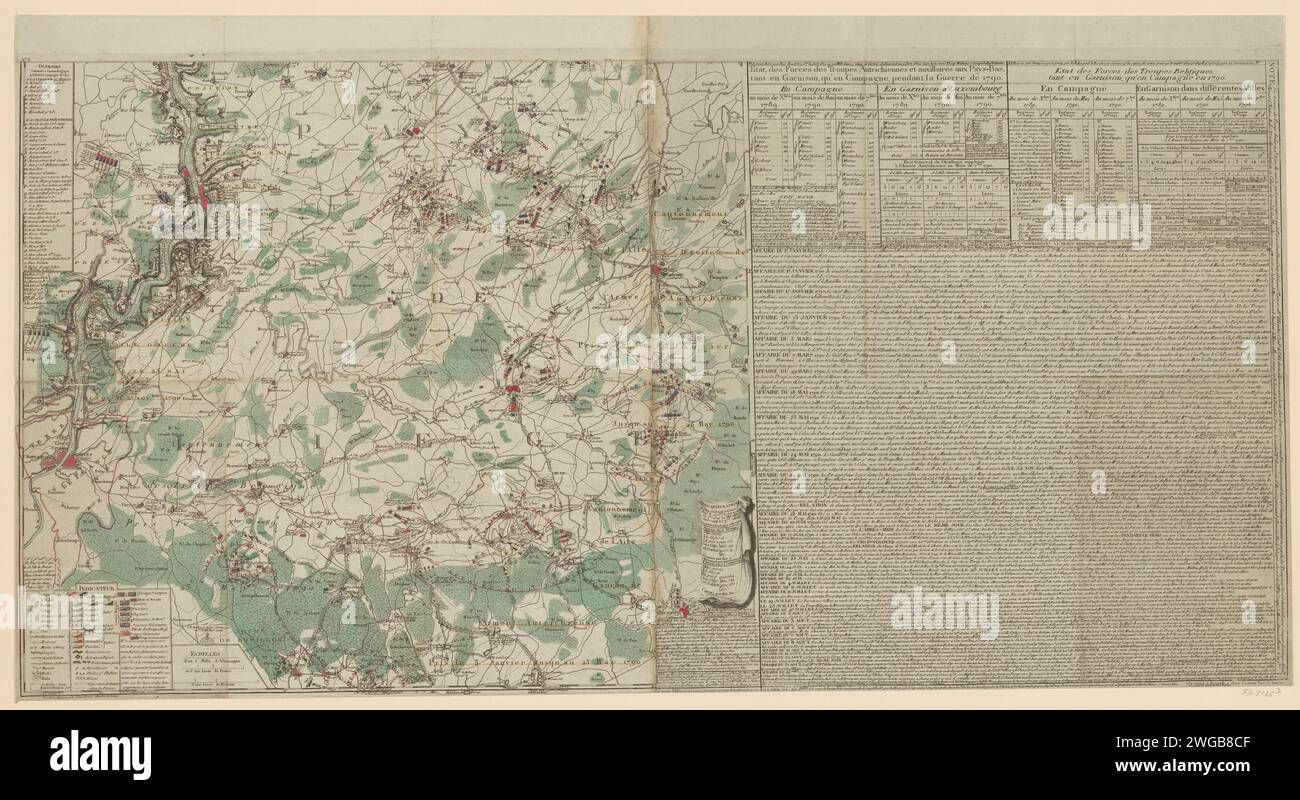 Mappa del campo di battaglia nella provincia di Namur, 1790, Jean-Baptiste de Bouge, 1790 Stampa Mappa del campo di battaglia nell'attuale provincia di Namur (indicato sulla mappa come Pays de Liege) durante la Rivoluzione del Brabante, 1789-1790. La mappa mostra una parte della regione intorno al Maas tra Givet e Dinant e l'area ad est del Maas fino a Marche-en-Famenne e Nassogne. Sulla mappa sono indicati i luoghi in cui hanno avuto luogo schermaglie tra le truppe belghe ribelli e l'esercito austriaco e gli ordini di battaglia. A destra una grande parte del testo con una tabella delle dimensioni delle forze armate p Foto Stock