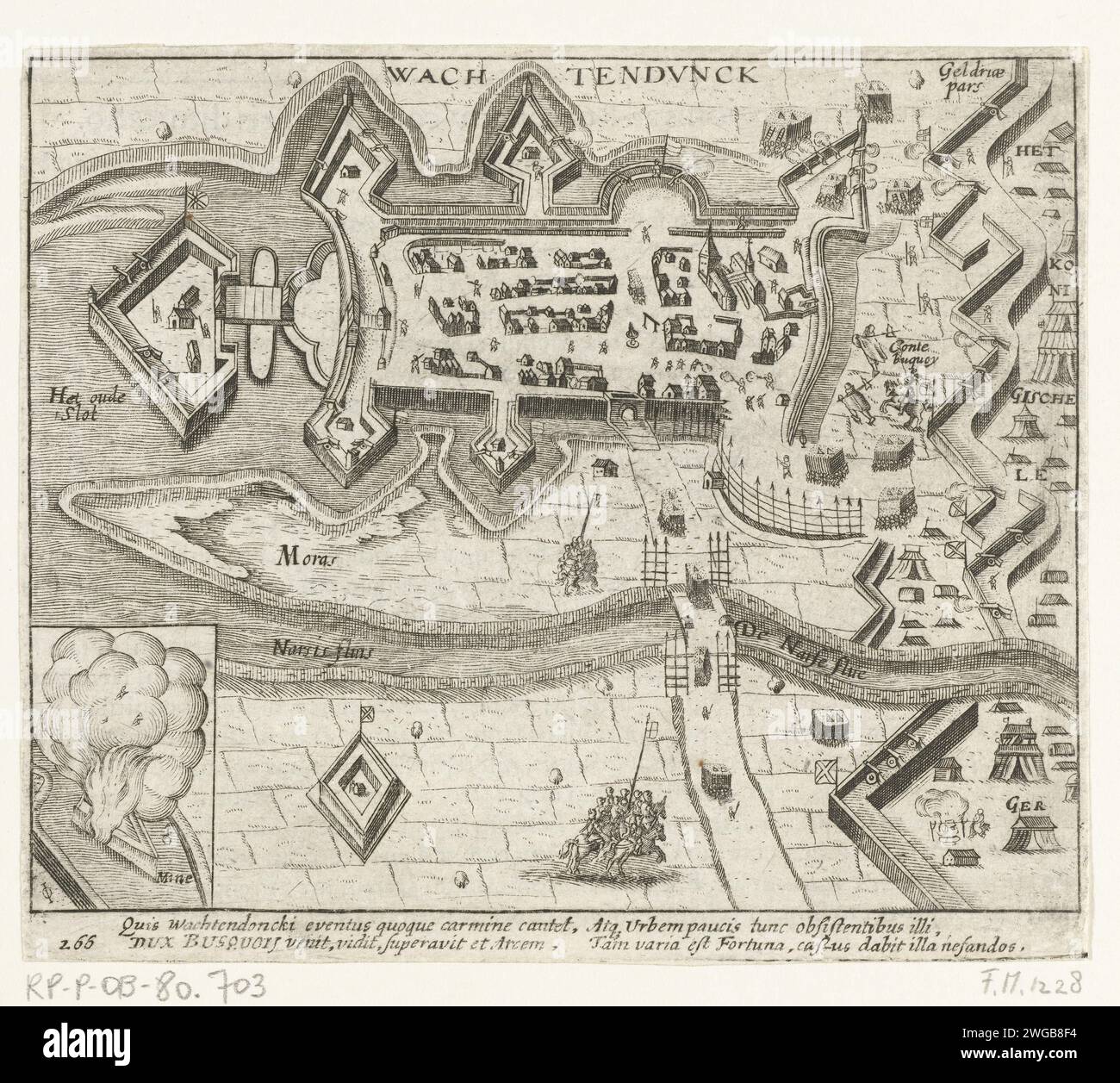 Wachtendonk conquistato da Bucquoy, 1605, 1613 - 1615 stampa assedio e conquista di Wachtendock da parte dell'esercito spagnolo sotto il conte di Bucquoy, 28 ottobre 1605. Piano della città, a destra il campo dell'esercito spagnolo. In basso a sinistra una scommessa con l'esplosione delle mura della città. Con didascalia di 4 righe in latino. Numero 266. Stampato sul retro con testo in latino. Carta dei Paesi Bassi del Nord, assedio, guerra di posizione. Cattura della città (dopo l'assedio) di Wachtendonk Foto Stock