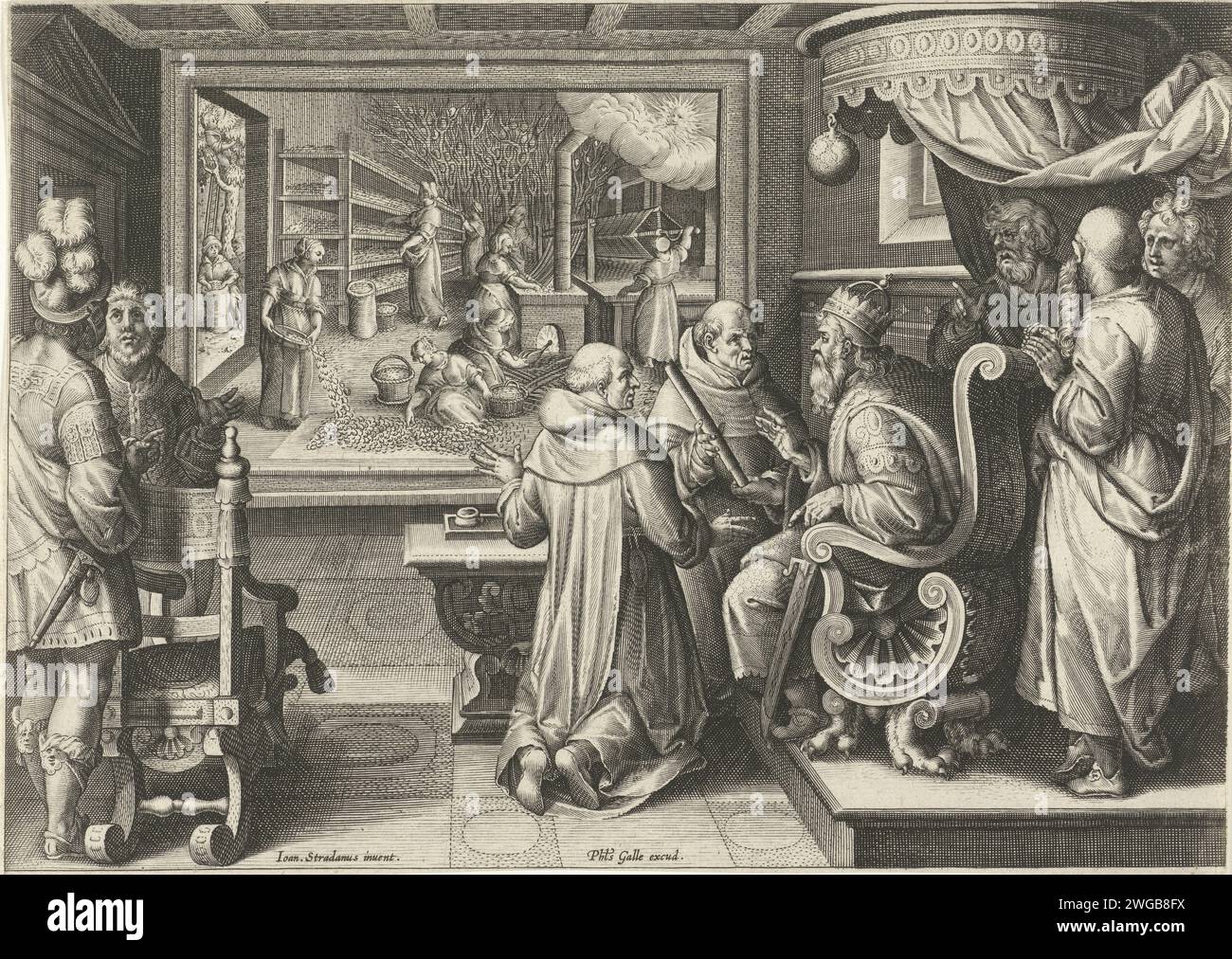 Lavorazione laterale, Philips Galle (attribuito a bottega o), dopo Jan van der Straet, c. 1589 - c. 1593 stampa Keizer Justinian è seduto su un trono e riceve un bastone di bambù con le uova del baco da seta dalle mani di due monaci. I monaci avevano contrabbandato queste uova dalla Cina e con questo il monopolio cinese sulla seta fu rotto. Sullo sfondo tutte le fasi della lavorazione della seta. Prima vengono raccolte le foglie di gelso. I bachi da seta sulle foglie vengono poi rilasciati. Il lato viene poi raccolto e le donne tessono tessuti. La stampa fa parte di una serie di diciannove parti su nuove invenzioni e saggi Foto Stock