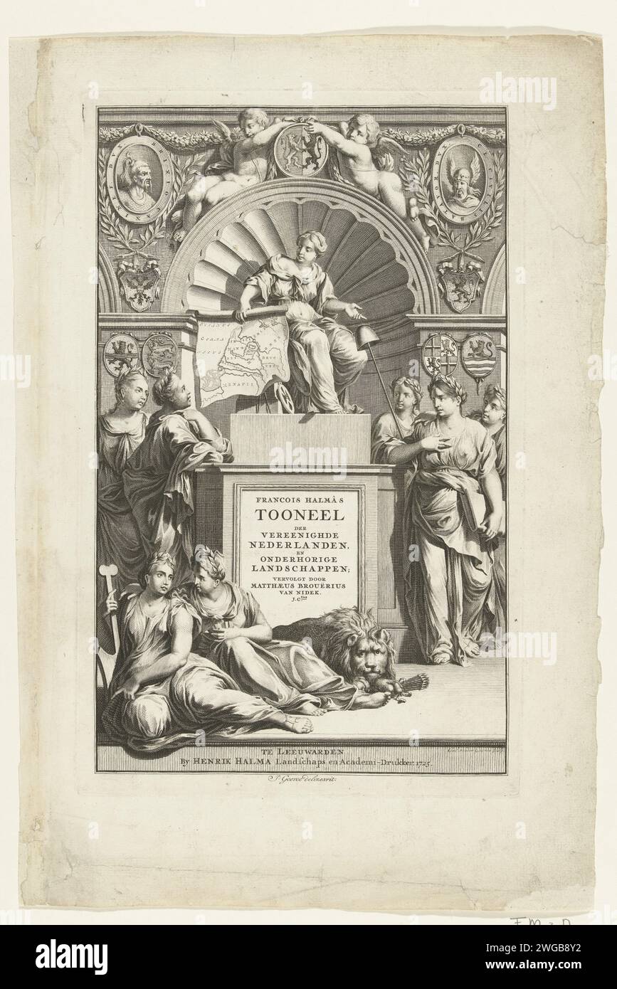 Stampa del titolo di "Tooneel der Vereenighde Nederlanden and Subject Landscapes" di Francesco Halma, stampa del 1725 Stampa del titolo di "Tooneel der Vereenighde Nederlanden and Subject Landscapes" di Francesco Halma. Rappresentazione allegorica con la personificazione del paese seduto sul trono rialzato circondato dalle personificazioni delle sette province. Tipografia: Olanda settentrionale spublisher: Leeuwarden carta incisione/incisione stemma (simbolo dello stato, ecc.). personalizzazioni di paesi, nazioni, stati, distretti, ecc. Foto Stock