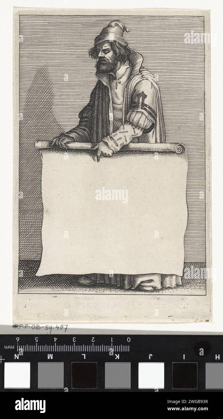 Uomo con carta in rotoli, Pieter Serwouters, 1601 - 1657 stampa uomo con barba piena, che tiene in mano un rotolo arrotolato. Punta con il dito sulla superficie di scrittura non scritta. Incisione su carta di Amsterdam uomo adulto. Scorrimento - LL - scorrimento esteso Foto Stock