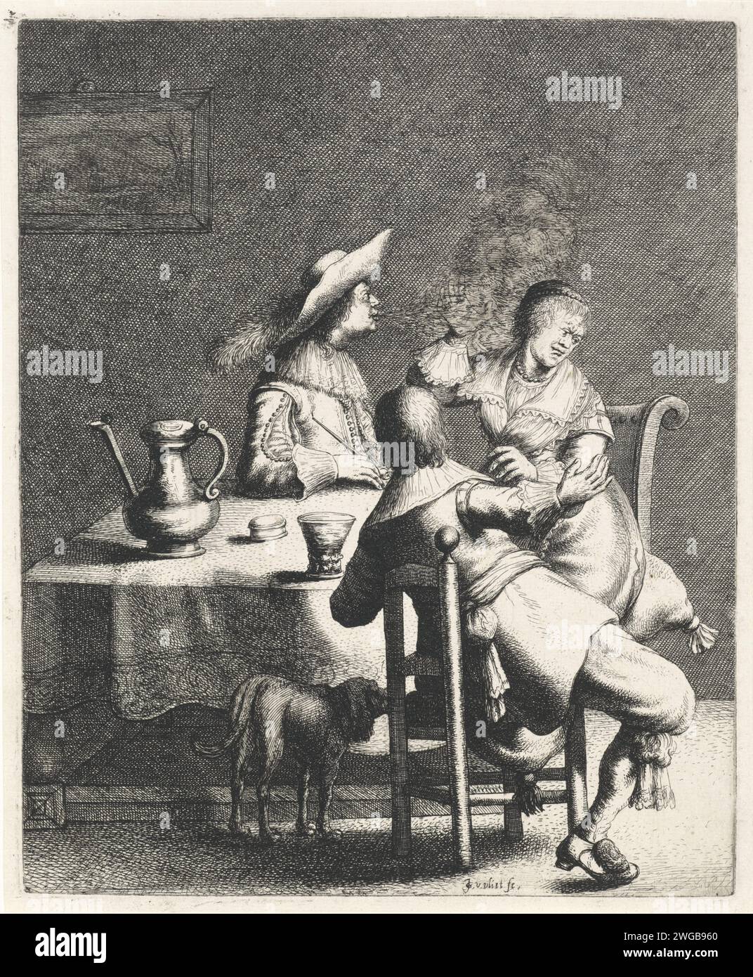 Il fumatore soffia fumo per una donna, Jan Gillisz. Van Vliet, 1634 stampe in un interno ci sono due uomini e una donna intorno a un tavolo. Uno degli uomini soffia il fumo da un tubo in direzione della donna che le tiene la mano in alto. In primo piano un cane. Un peltro è possibile sul tavolo, un roemer e una scatola di tabacco. Incisione/incisione di carta Leiden odore, odore (uno dei cinque sensi). pipa  tabacco. contenitore di metallo: secchio, lattina, tanica, tamburo, stagno. vetro, rummer. cane. tabella Foto Stock