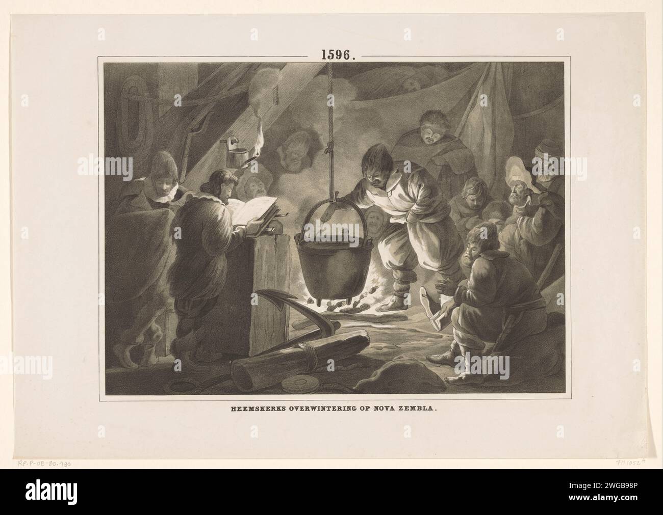 Svernamento su Nova Zembla, 1596-1597, 1853 - 1855 stampa l'svernamento su Nova Zembla, 1596-1597. All'interno degli huys conservati in cui l'equipaggio della nave è raccolto intorno a un fuoco sopra il quale è appeso un grande vaso, a sinistra è letto dalla Bibbia. Il cibo per la cucina di carta olandese mantiene gli huys. Nova Zembla Foto Stock