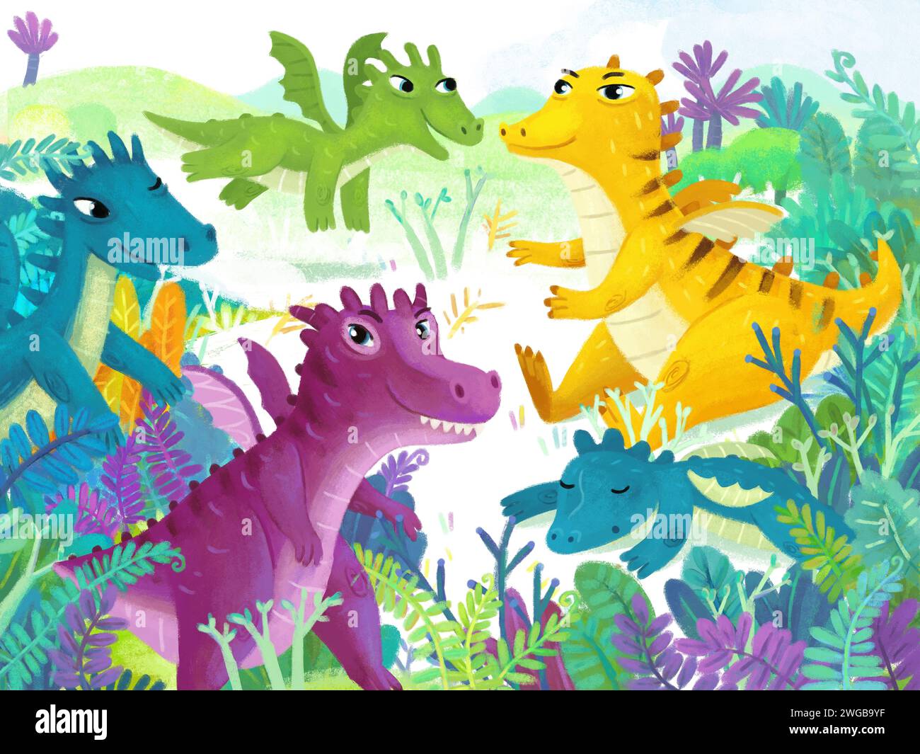 scena di cartoni animati con diversi dinosauri sorridenti nella giungla primitiva illustrazione preistorica divertente per i bambini Foto Stock