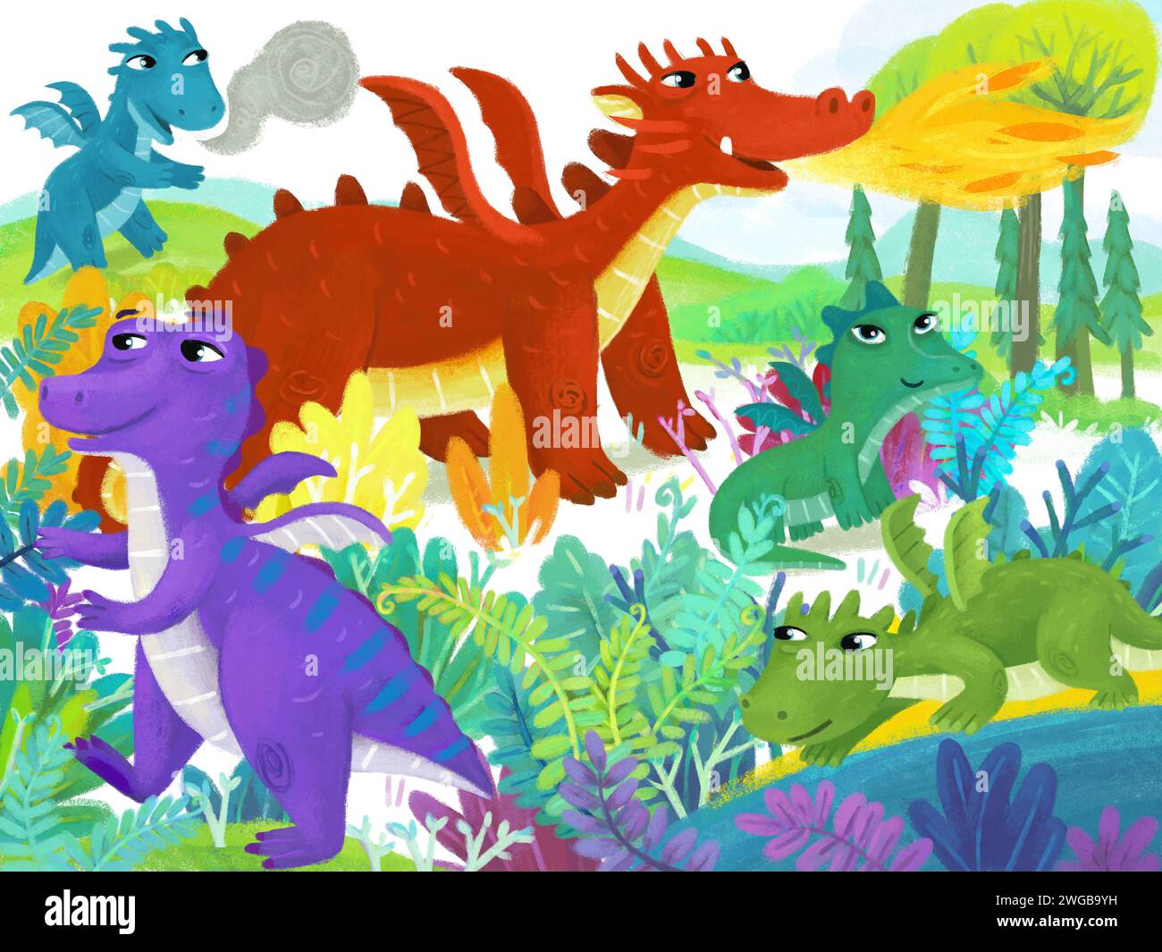 scena di cartoni animati con diversi dinosauri sorridenti nella giungla primitiva illustrazione preistorica divertente per i bambini Foto Stock