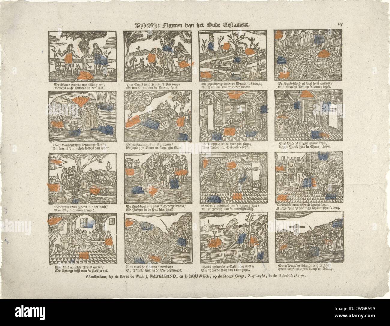 Bybelsche figure dell'Antico Testamento, c. 1782 - c. 1793 stampa Leaf con 16 rappresentazioni di storie dell'Antico Testamento. Sotto ogni immagine un verso bidirezionale. Numerato in alto a destra: 17. Editore: Amsterdamprint Maker: Stampa tipografica su carta olandese Old Testament Foto Stock