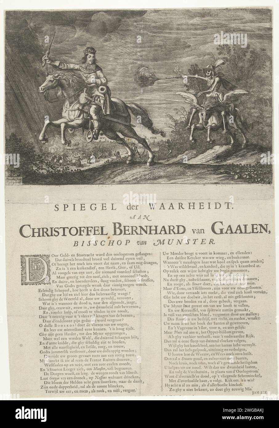 Il vescovo di Munster inseguito dalla morte, 1665, 1665 stampa Christoph Bernard von Galen, vescovo di Munster, inseguito a cavallo dalla morte, entrambi armati di pistole. Cartone animato sul vescovo allo scoppio della seconda guerra inglese. Combatti per la città di Munster sullo sfondo. Sotto la piastra premuta sulla foglia un verso in due colonne. Tipografo: Olanda settentrionale produttore di sprint: Olanda settentrionale spublisher: Incisione/stampa su carta di Amsterdam morte come scheletro. Volo, fuga; inseguimento di Münster Foto Stock