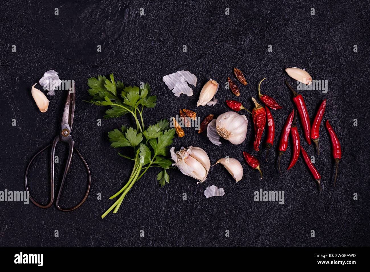 un mazzo di prezzemolo fresco, una forbice metallica, spicchi d'aglio e peperoni caldi in primo piano, su uno sfondo nero testurizzato. Vista dall'alto Foto Stock