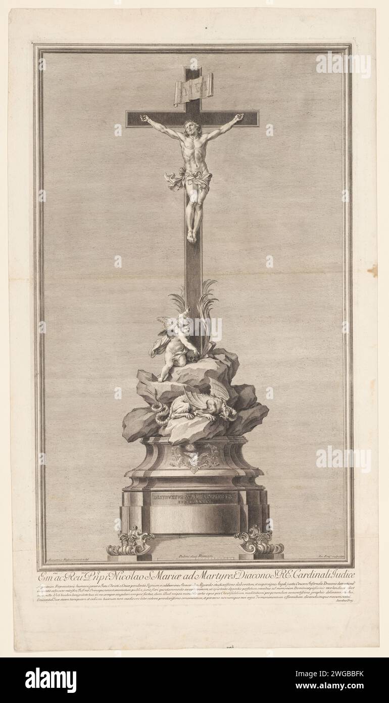 Scultura con crocifisso, Jakob Frey (i), dopo Agostino Masucci, 1742 stampa Germania incisione carta incisione / incisione della crocifissione di Cristo: Morte di Cristo sulla croce; Golgota (Matteo 27:45-58; Marco 15:33-45; Luca 23:44-52; Giovanni 19:25-38). L'Arcangelo Michele che combatte il drago (diavolo, Satana) Foto Stock