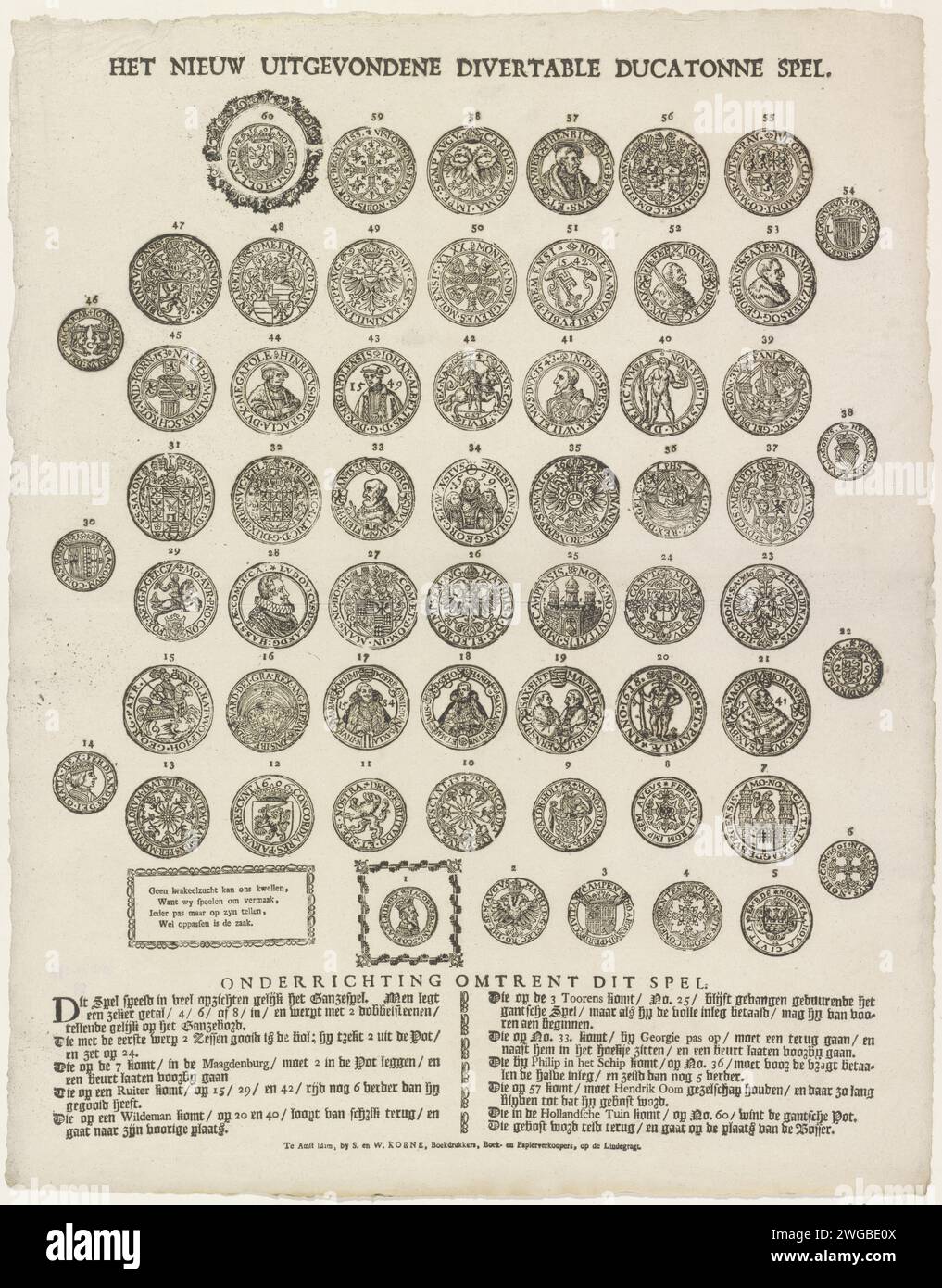 Il nuovo gioco divergente Ducaton, 1781 - 1800 stampe. Gioco da tavolo con otto file di monete l'una sotto l'altra, camminando da 1 a 60. Un Dukaton è una vecchia moneta d'argento olandese di tre fiorini e tre penny, chiamata anche Silver rider. Non c'e' nessun Dukaton su questa stampa. Sotto lo spettacolo le regole. Stufa lo spettacolo con il titolo. Moneta da stampa in carta da lettera Amsterdam. giochi da tavolo d'azzardo. giochi da tavolo Foto Stock