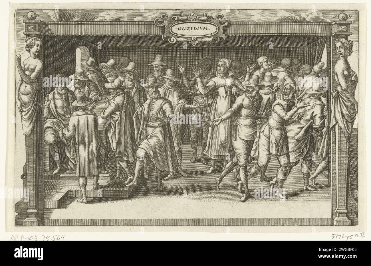 Divina tra i residenti di Leida, 1574, 1612 - 1614 stampa Divina tra i residenti di Leida, durante l'assedio di Leida, 1574. Interno con un gruppo di uomini e donne di Leida che si divide in due gruppi. Con cornice scolpita con Hermen su entrambi i lati. Incisione su carta nei Paesi Bassi del Nord Foto Stock