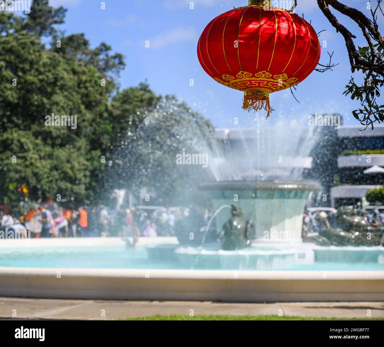 Lanterna del capodanno cinese appesa sotto l'albero di Pohutukawa. Fontana e persone irriconoscibili sullo sfondo. Area della missione. Auckland. Foto Stock