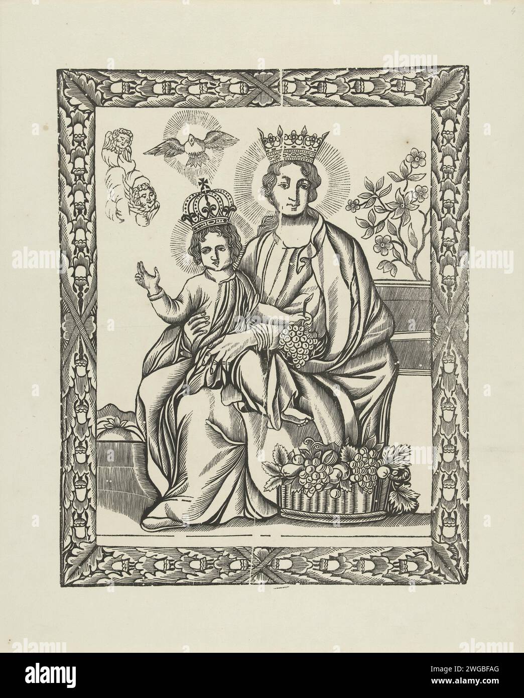 Maria con bambino, 1860 - 1865 stampa incoronò Maria con il bambino incoronato in grembo, un cesto con frutta sui piedi. In un bordo con foglie di quercia e ghiande. Tipografia: Ghentprint Maker: La carta dei Paesi Bassi meridionali Maria seduta o in trono, il Cristo bambino di fronte a lei, seduto in grembo (o davanti al seno). Cristo-bambino che tiene qualcosa in mano, ad esempio mela, uccello, ciliegie, crocifisso, uva, mulino a vento di carta  rappresentazioni di Madonna Foto Stock