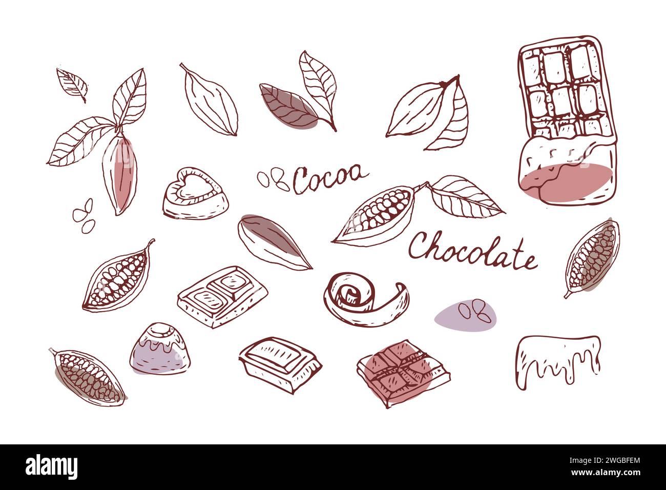 Contorno di cioccolato e fagioli di cacao. Illustrazione vettoriale con forme colorate. Illustrazione vettoriale del contorno disegnata a mano. Adatto per imballaggio, imballaggio, poster. Fette di cioccolato, patatine e caramelle. Illustrazione Vettoriale