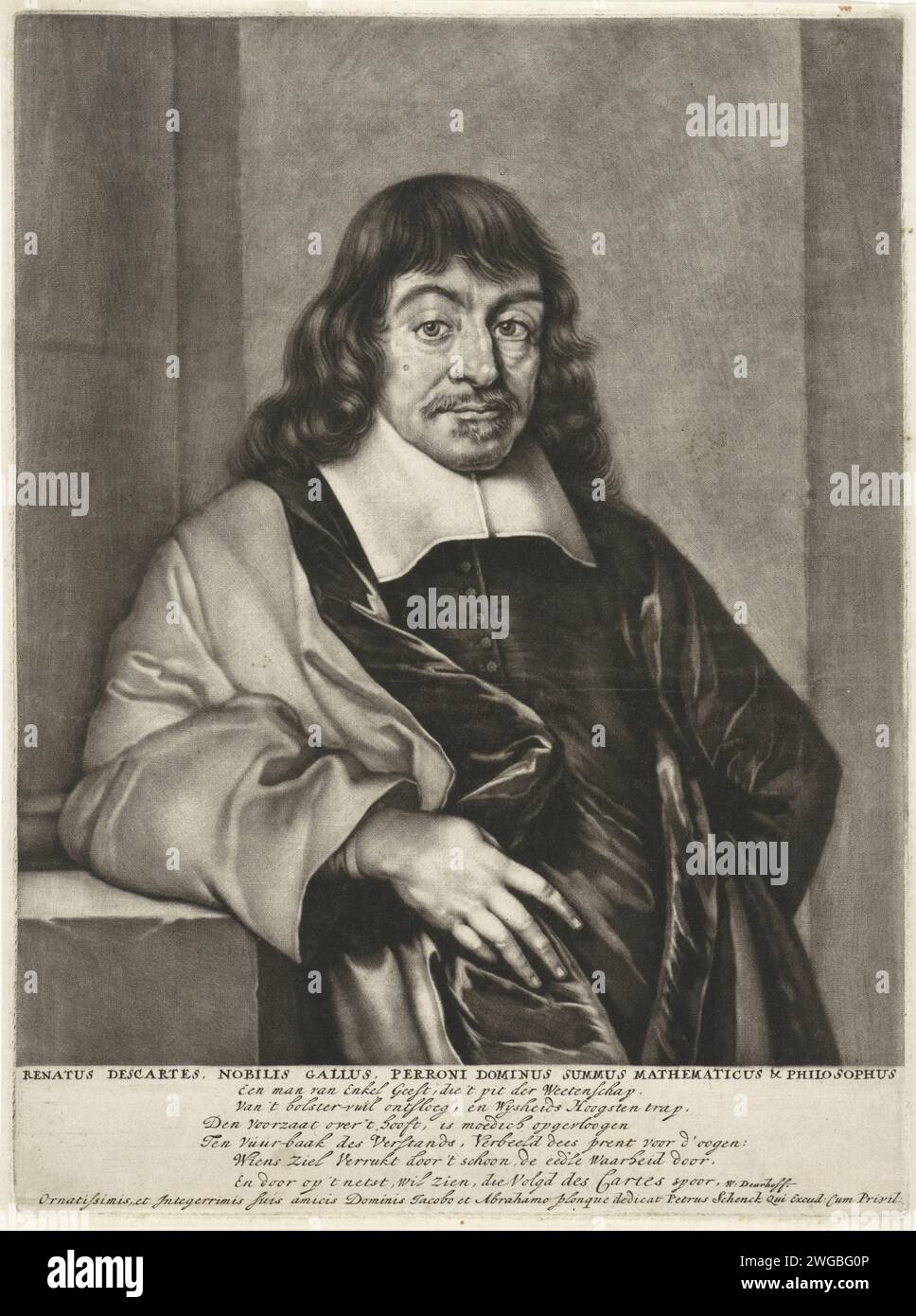 Ritratto di René Cartesio, Pieter Schenk (i), 1670 - 1713 stampa René Cartesio, filosofo e matematico francese. Si appoggia con il braccio su una stalla perforante. Incisione su carta di Amsterdam Foto Stock