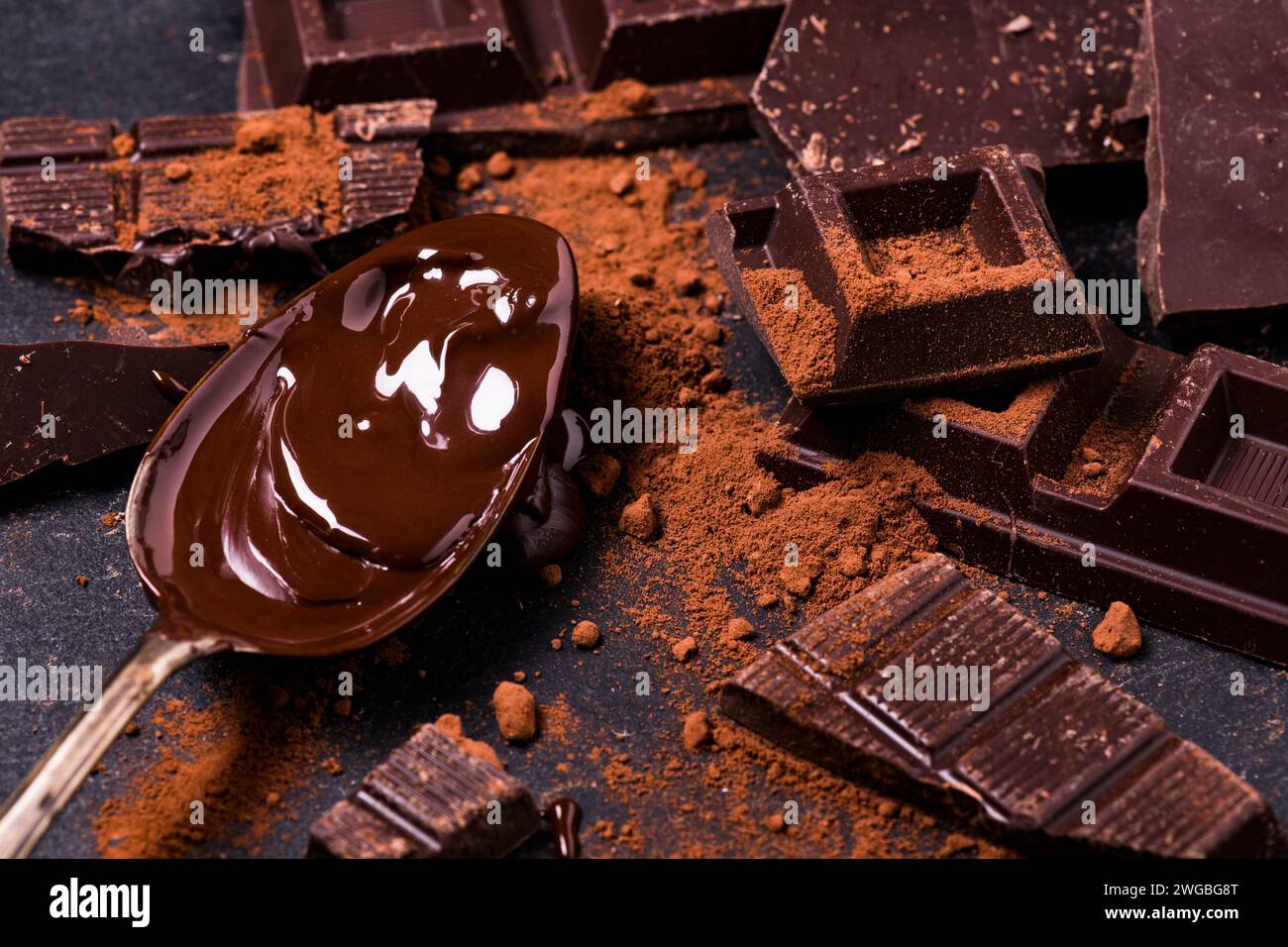 in primo piano, in un ambiente buio, cacao in polvere, pezzi di cioccolato fondente e cioccolato fuso Foto Stock