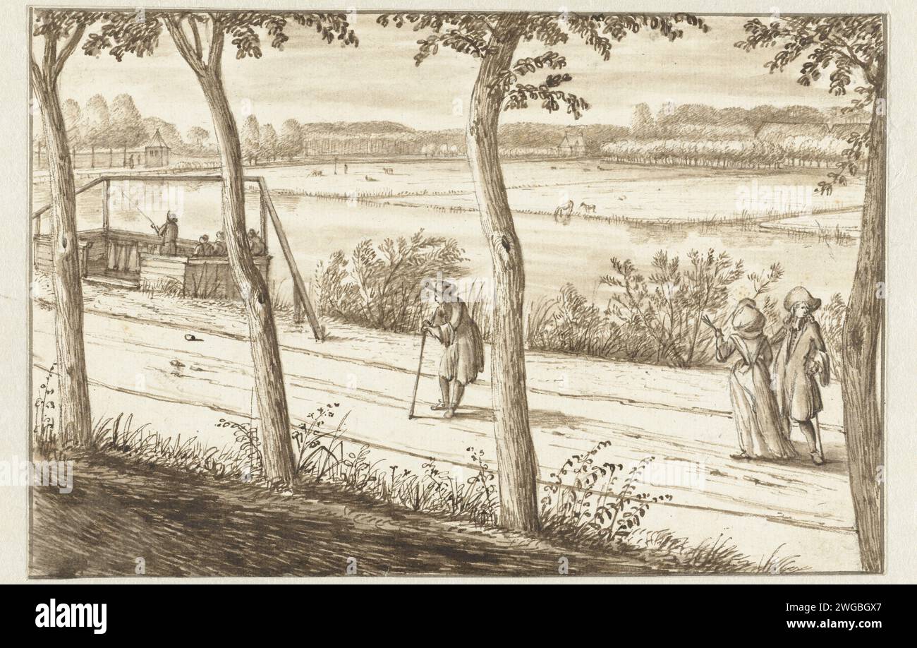 Vista lungo il fiume Vecht, nei pressi di Maarssen, con una stazione di aggancio, tre figure in primo piano e la tenuta di campagna di Vechthoven in lontananza, Abraham Rutgers, c. 1682 - c. 1699 disegnando carta Maarssen. inchiostro. penne/pennelli di grafite (minerali), passeggiate (attività ricreative). Riva del fiume Vecht Foto Stock