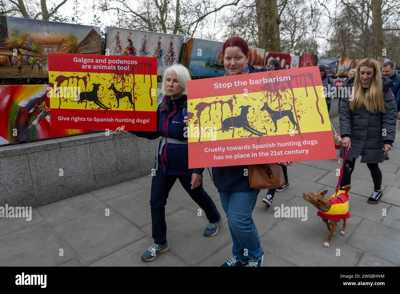 Centinaia di persone provenienti da tutto il Regno Unito e i loro cani da soccorso spagnoli hanno partecipato a una marcia di sabato dall'ambasciata spagnola a Trafalgar Square a L. Foto Stock