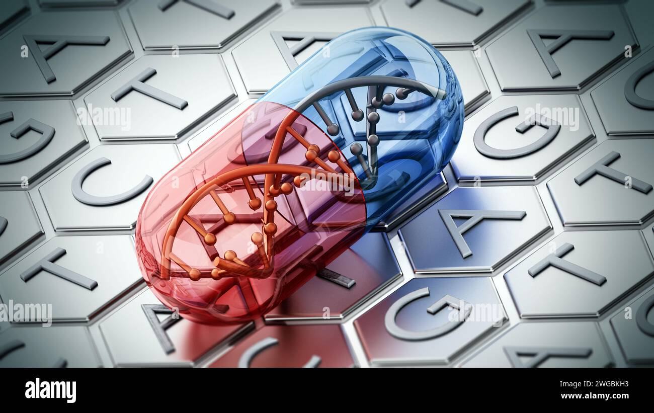 Capsula con elica di DNA su fondo adenina, timina, citosina e guanina. Illustrazione 3D. Foto Stock