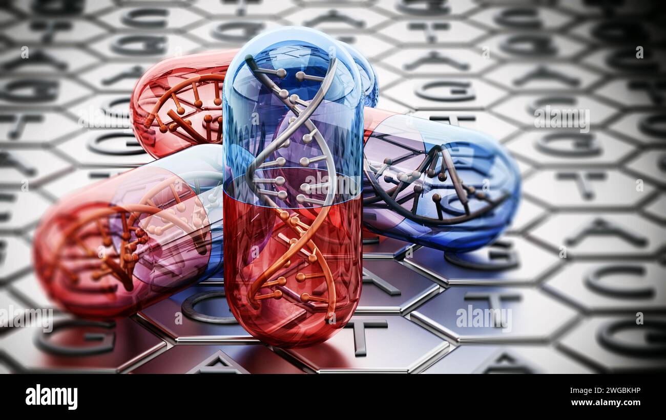 Capsula con elica di DNA su fondo adenina, timina, citosina e guanina. Illustrazione 3D. Foto Stock