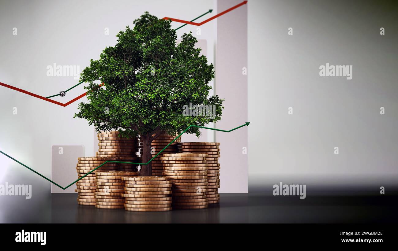 Albero e pila di monete d'oro contro grafica di vendite. 3D illustrazione. Foto Stock