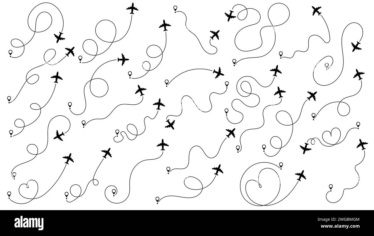Percorso percorso aereo o aereo impostato. Concetto di viaggio dal punto di partenza e tracciamento delle linee tratteggiate. Tracciamento degli aeromobili, percorso aereo, viaggio, pin della mappa, posizione Illustrazione Vettoriale