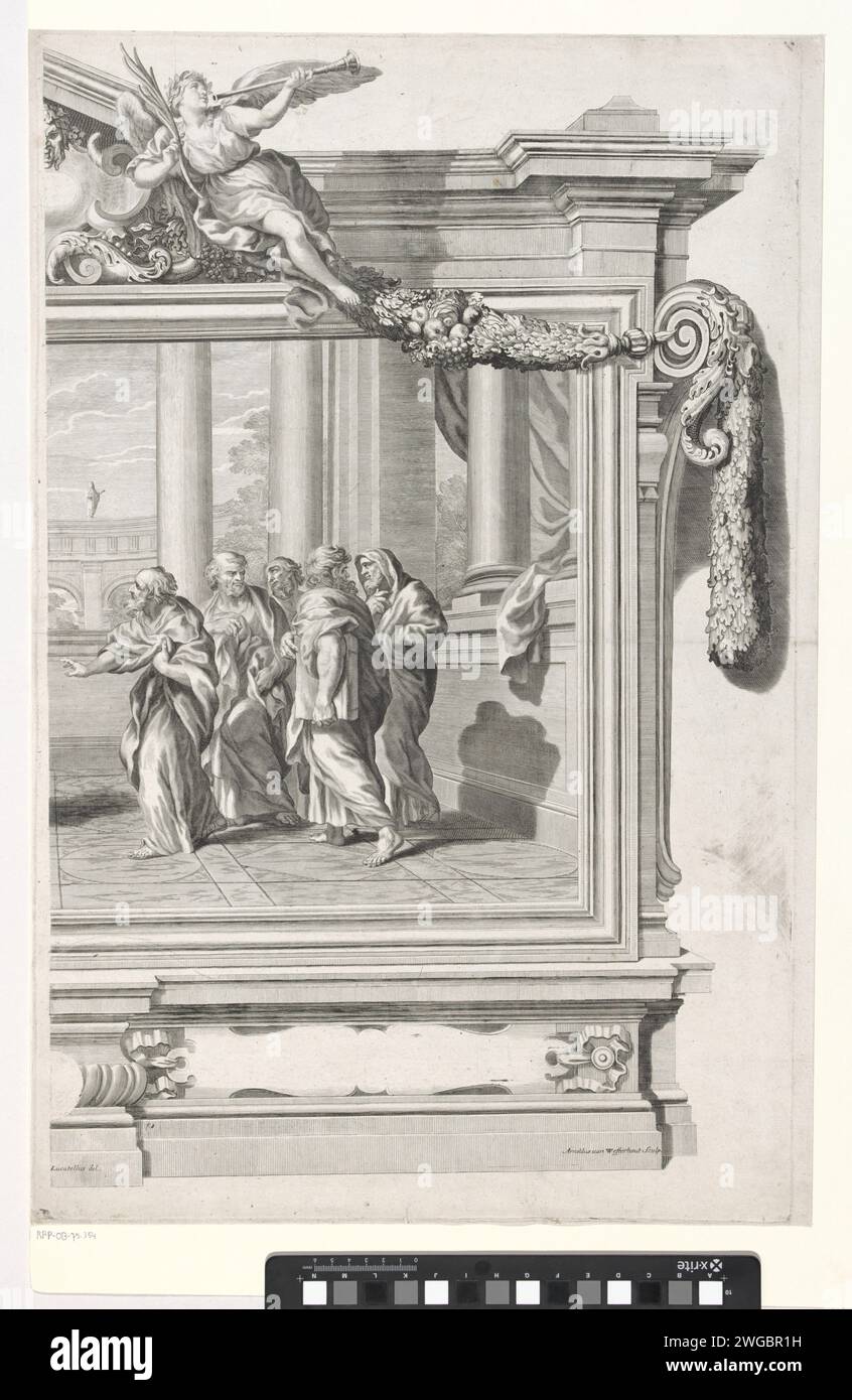 Un re presenta suo figlio, parte destra, Arnold van Westerhout, dopo Ciro Ferri, dopo Pietro Locatelli, 1665 - 1725 Print Company sotto la galleria di un palazzo. Cinque uomini più grandi stanno insieme. Lo spettacolo è catturato in una cornice architettonica, premiato con un timpano. La pace fa saltare la tromba. Sul fondo di un cartiglio vuoto. Simboli di incisione/incisione della carta italiana, allegorie della pace, "Pax"; "Pace" (Ripa). palazzo - AA - architettura civica: Interno Foto Stock