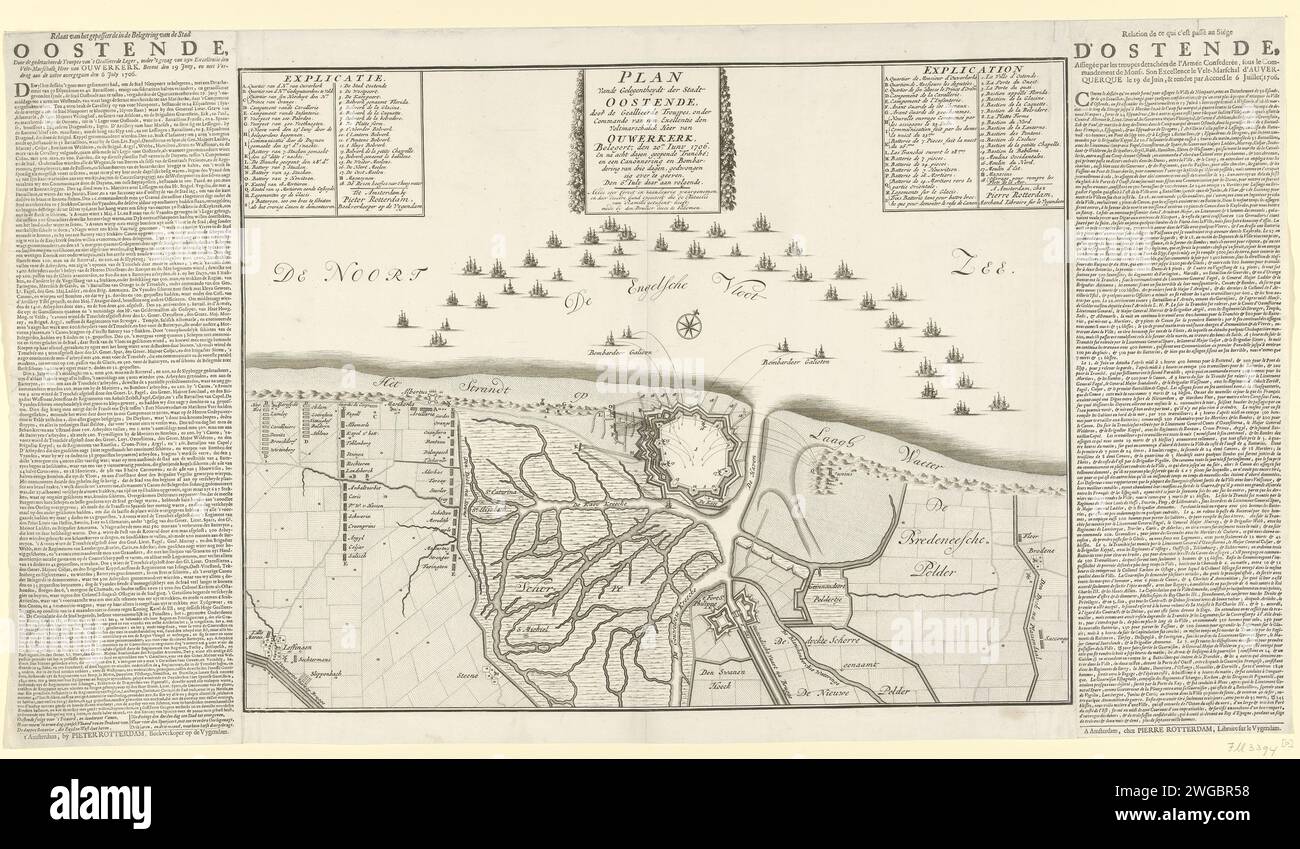Assedio di Ostenda, 1706, 1706 Stampa Mappa dell'assedio di Ostenda da parte degli Alleati al comando di Hendrik van Nassau, signore di Ouwerkerk, assediato dal 17 giugno, preso il 6 luglio 1706. In cima al cartiglio con le leggende A-S e 1-18 in francese e olandese. Le riviste di testo sono bloccate su entrambi i lati della carta con una storia dell'assedio in olandese e francese. Tipografia: Olanda settentrionale spublisher: Amsterdam cartaceo/carta stampata mappe di paesi o regioni separati. Assedio, posizione guerra Ostenda Foto Stock