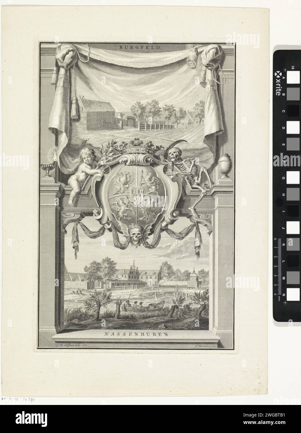 Volti su Burgfeld e Nassenhuben, Jan Wandelaar, dopo J.B. Hoffman, stampa del 1721 al piano superiore, puoi vedere un volto nella tenuta di campagna di Burgfeld e sotto un volto nella tenuta di campagna polacca. Al centro un'arma coronata (di famiglia) con tre motivi a foglia, due aquile a doppia testa e due griffini con una freccia. A sinistra si trova un putto con un ramo d'ulivo e a destra è esposto sotto forma di scheletro con una falce e una clessidra. Lo spettacolo è racchiuso in una cornice architettonica con un telo con spazzole, una lampada a olio a sinistra e un vaso a destra. Polonia (forse) carta, ecc. Foto Stock