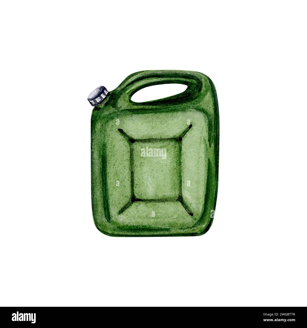 Green jerry può. Serbatoio carburante. Elemento diesel disegnato a mano per avventura, turismo, all'aperto, fuoristrada 4x4, riparazione auto. Illustrazione acquerello Foto Stock