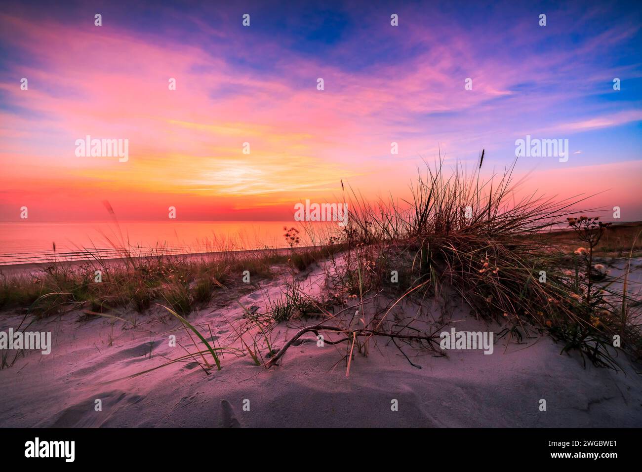 Tramonto sulle dune di sabbia, Curonian Spit, Mar Baltico, Lituania Foto Stock