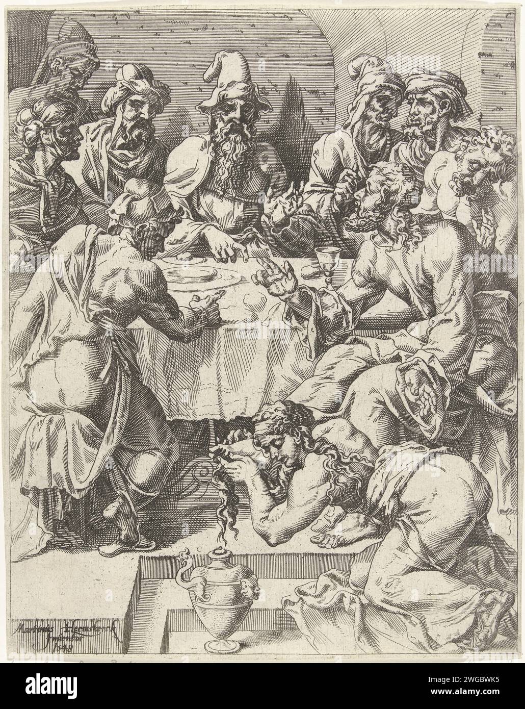Maria Magdalena lava i piedi di Cristo, Dirck Volckertsz. Coornhert (attribuito a), dopo Maarten van Heemskerck, stampa del 1548 Maria Maddalena, una gabbia leggera, asciuga i piedi di Cristo con i capelli. Poi unirà i piedi. Giuda Iskariota protesta, ma Cristo spiega che bisogna perdonarla. La stampa fa parte di una serie di trenta parti con stampe sulla caduta e la passione di Cristo. La carta di Haarlem che incide una donna lava i piedi di Cristo con le sue lacrime e li pulisce con i capelli Foto Stock