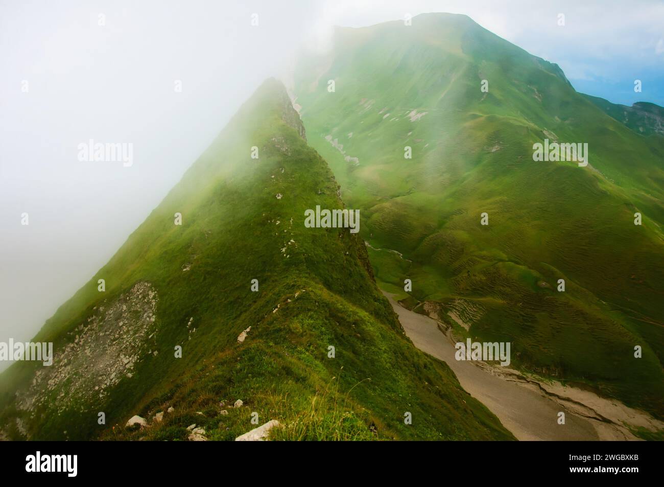 Monte Hoch Gummi nella nebbia, Emmental Alps, Svizzera Foto Stock