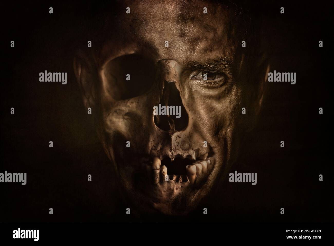 Ritratto del volto di un uomo che si fonde con un teschio che rappresenta la vita e la morte Foto Stock