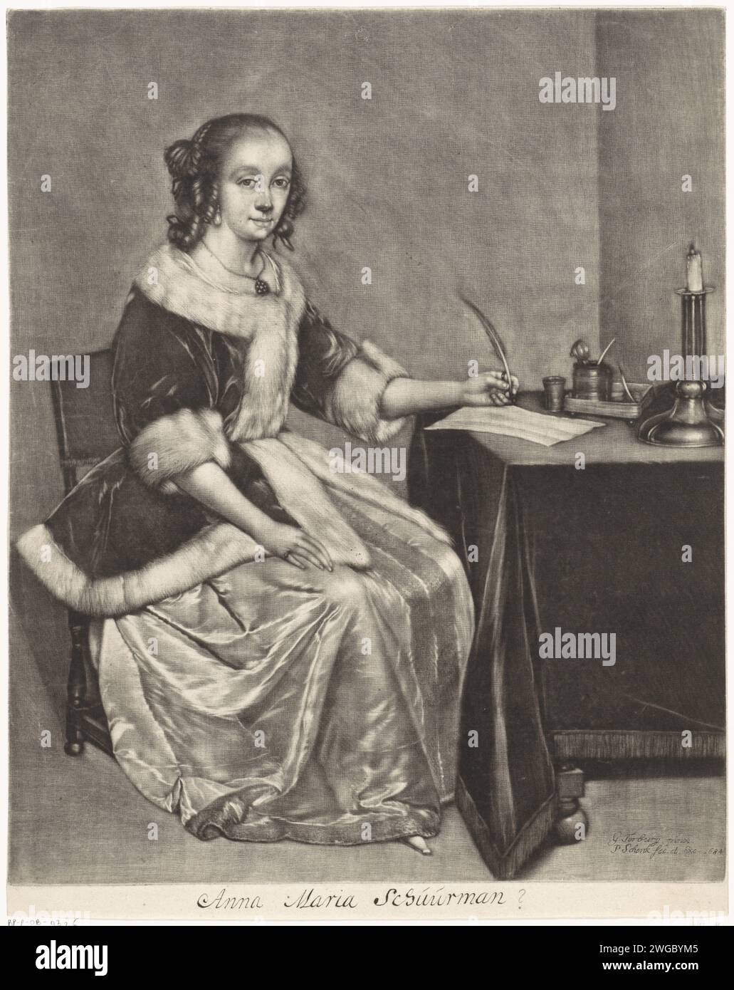 Letter -Writing Woman, Pieter Schenk (i), dopo Gerard ter Borch (i), 1684 carta stampata incisione lettera, busta. strumenti di scrittura. scrittura a mano, scrittura come attività Foto Stock