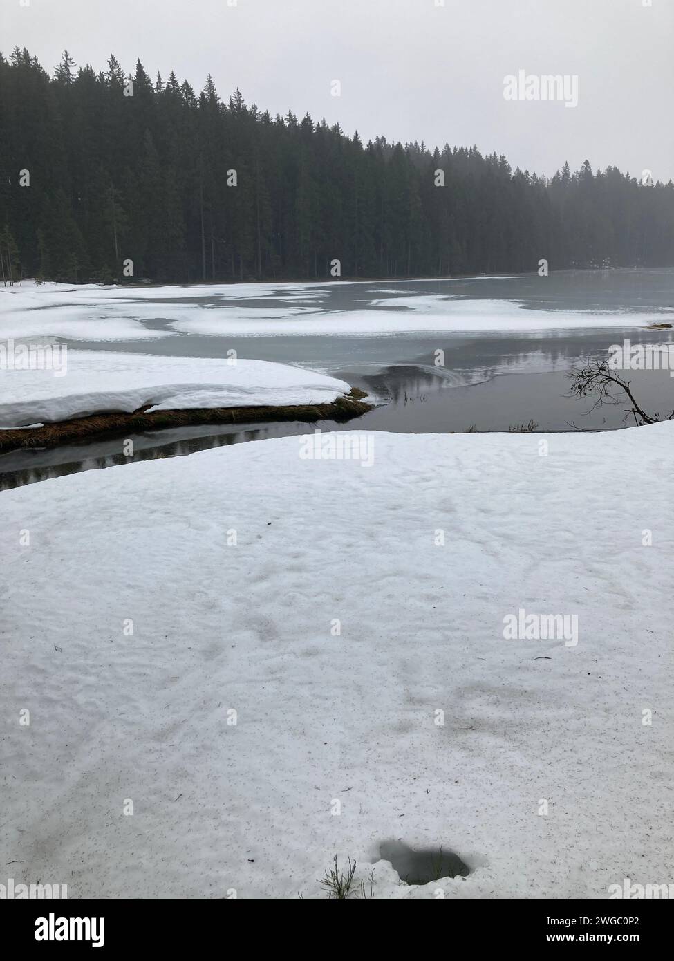 Un fiume coperto di ghiaccio circondato da boschi innevati in una frigida giornata invernale Foto Stock