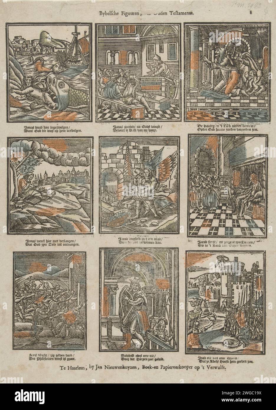 Bybelsche Figures, The Old Testament, 1743 - 1758 stampa Leaf con 9 esecuzioni di storie dall'Antico Testamento, da Giona a Joab. Un verso in due direzioni sotto ogni immagine. Numerato in alto a destra: 8. Editore: Haarlemprint Maker: Olanda carta tipografica stampa Antico Testamento Foto Stock
