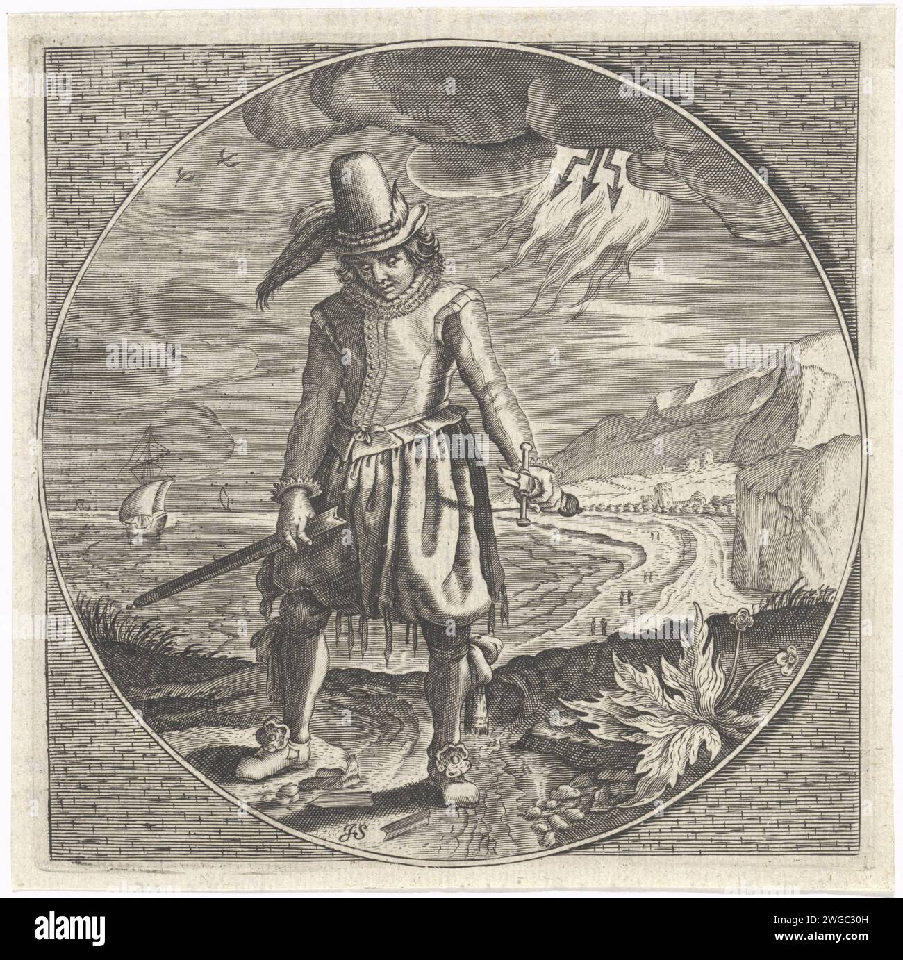 Uomo con una spada rotta, Jan Gerritsz Swelinck, 1627 stampa Un uomo si erge su una duna e guarda la spada rotta nelle sue mani. Due pezzi sono sul pavimento. Vista sul mare sullo sfondo. Fiamme e fulmini stilizzati provengono da una nuvola scura. Tipografia: Amsterdampublisher: Rotterdam cartaceo / stampa tipografica hacking and thrusting Weapons: Sword Foto Stock