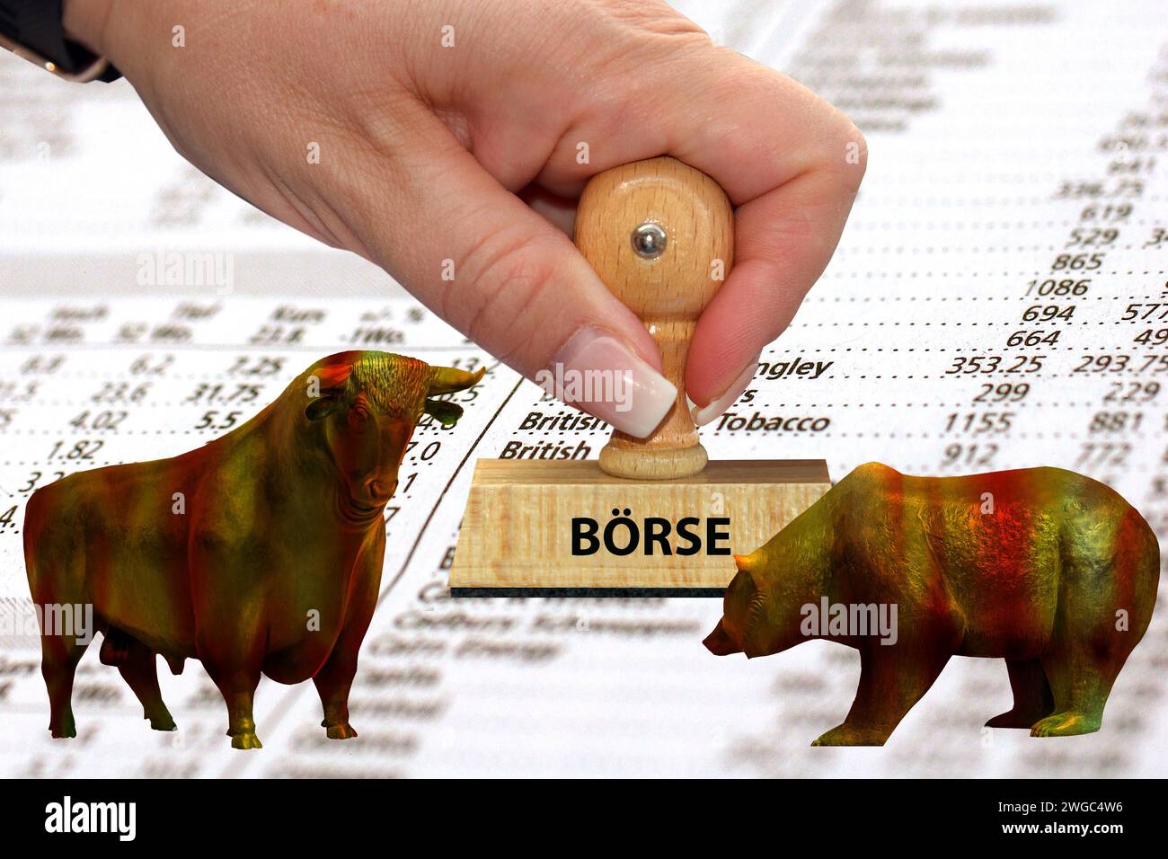 Bull and Bear su una lista con azioni, francobolli, borsa valori Foto Stock