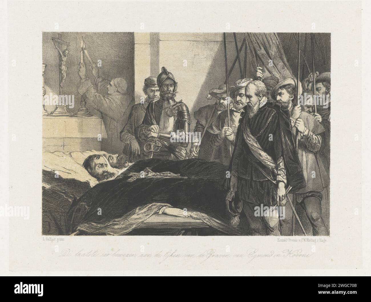 L'ultimo onore dimostrato ai cadaveri di Egmond e Horne, 1568 e 1854 stampano le teste e i corpi delle tombe di Egmond e Horne esposte nel municipio di Bruxelles, nel momento in cui i membri della gilda degli arcieri a piedi arrivano per portare i cadaveri alla chiesa dei Minderbroeders, 5 giugno 1568. Dopo la pittura di: Belgiumpublisher: Il corpo di carta dell'Aia dei giustiziati mostrato a poche persone grande mercato Foto Stock