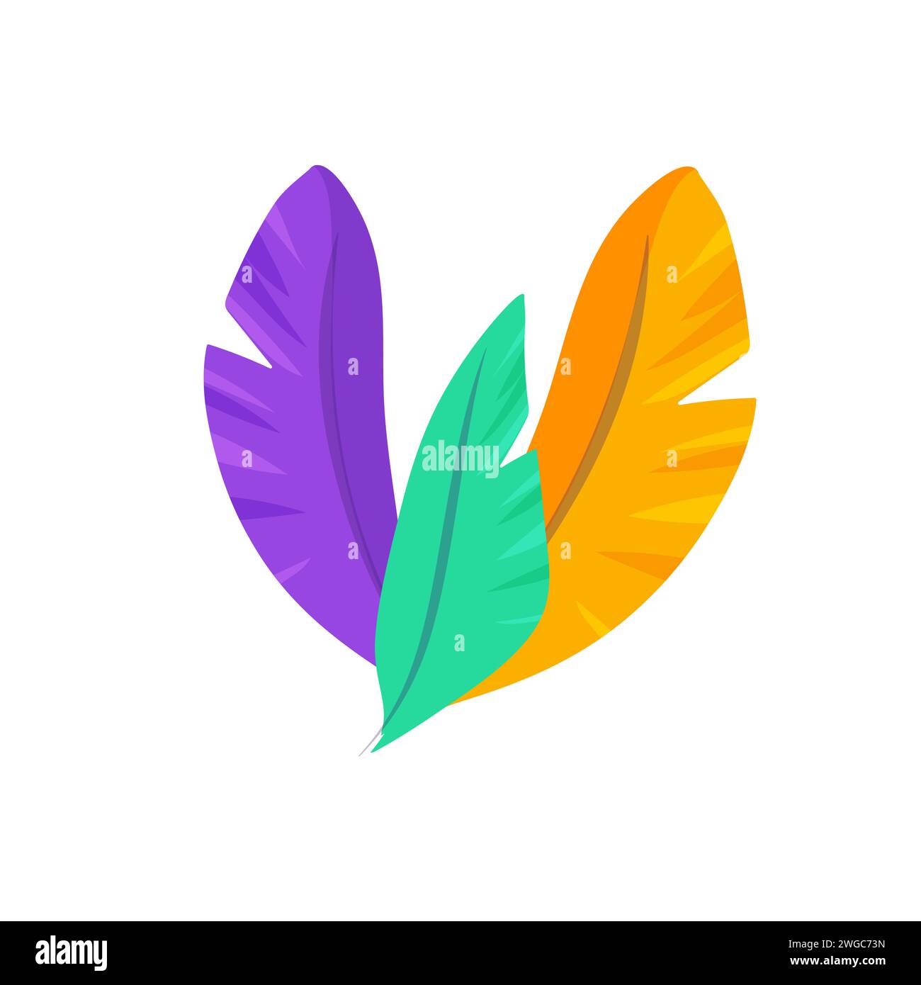 set di colori multicolori, piume viola, arancione e verde. Su un vettore di sfondo bianco isolato Illustrazione Vettoriale