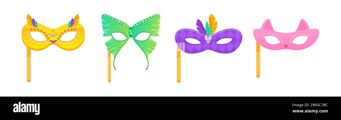 Set di maschere di carnevale su un bastone di gufo, gatto, piume e farfalla, per mascherare, purim e mardi gras. Su un vettore di sfondo bianco isolato Illustrazione Vettoriale