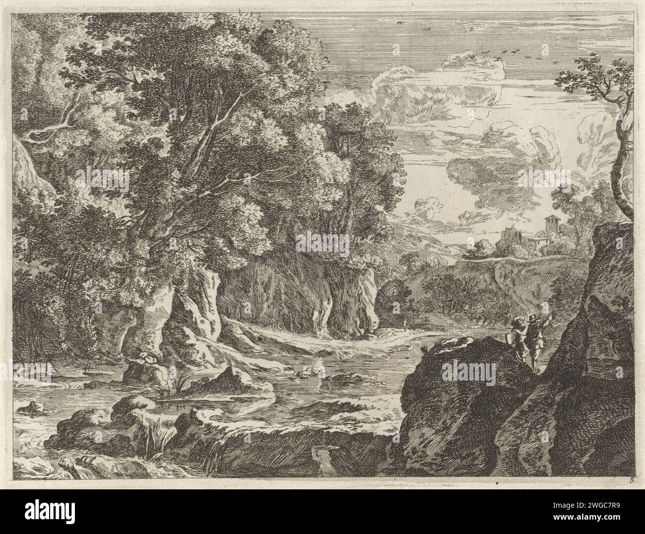 Paesaggio fluviale con due figure, Anonimo, dopo Herman van Swanevelt, 1643 - 1679 stampa due figure si trovano su una roccia vicino a un fiume. Fiume per incidere la carta di Amsterdam. rocce. alloggi rurali, ad esempio casa di campagna, villa, cottage. Disegnatore al lavoro - CC - fuori porta Foto Stock