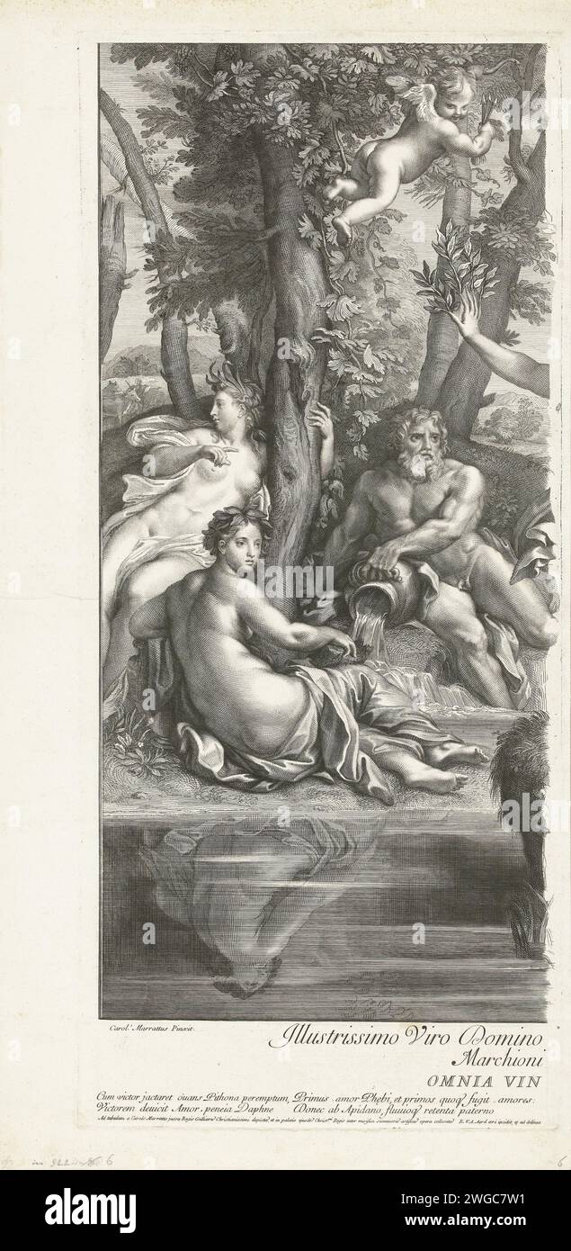 Apollo e Dafne (parte sinistra), Robert van Audenaerd, dopo Carlo Maratta, dopo Giovanni Paolo Melchiori, 1685 - 1728 stampare Un dio del fiume e due ninfe guardare la Dafne in fuga. Amor può essere visto tra i rami degli alberi, la causa del male. Tiene in mano un fascio di frecce. Incisione/incisione della carta di Roma Apollo inseguendo la ninfa Dafne (ancora non metamorfosa). Dafne si trasformò in un albero di alloro: Mentre fuggiva da Apollo, Dafne fu trasformata in un albero di alloro da suo padre Peneo (Ovidio, Metamorfosi i 548) Foto Stock