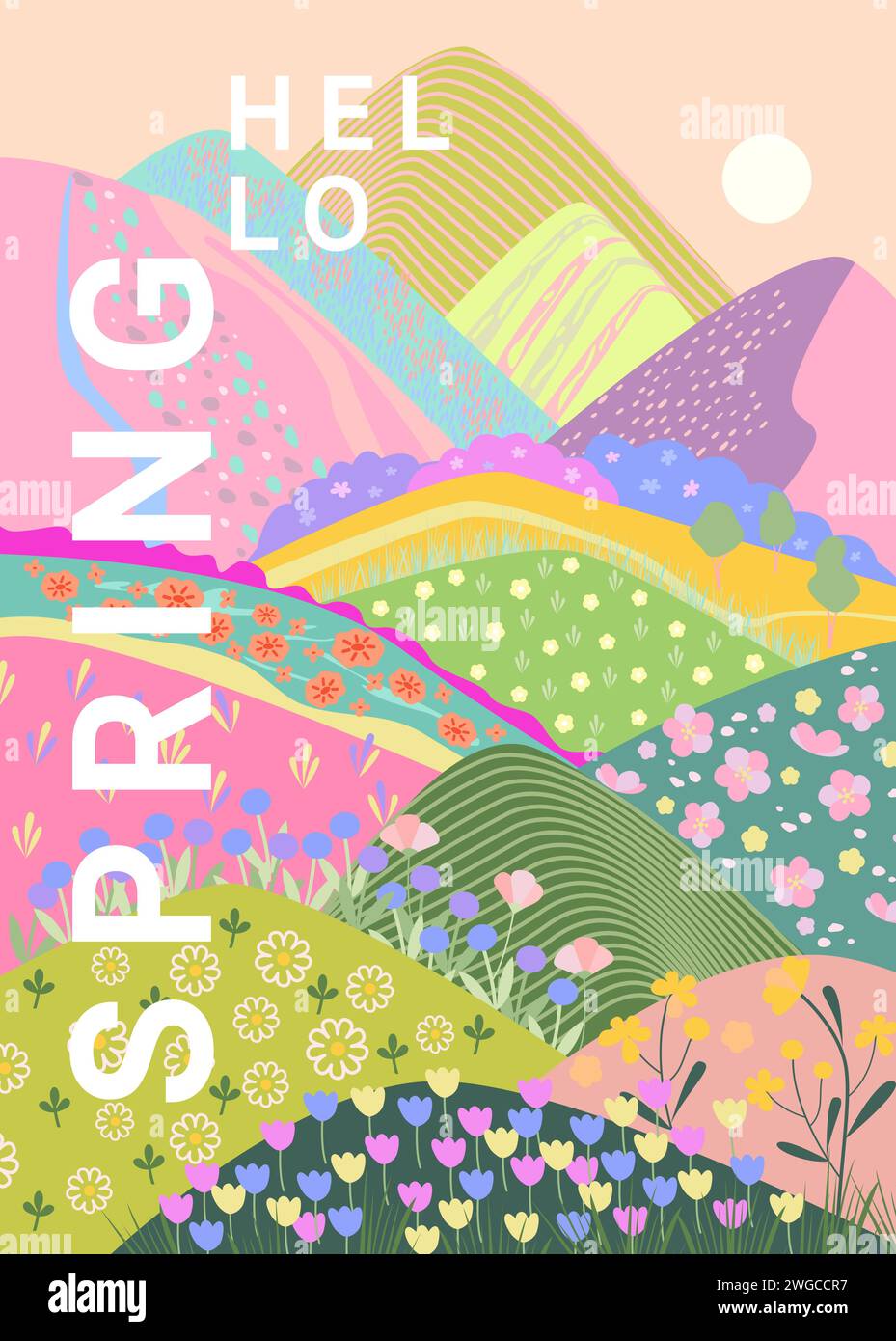 Ciao primavera, striscione verticale, prato con fiori Illustrazione Vettoriale