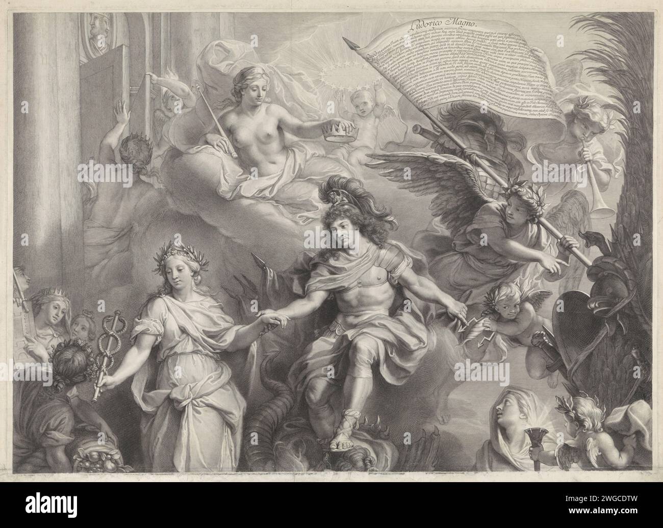 Allegoria sul potere di Luigi XIV, 1680 stampa parte superiore di una stampa da due parti. Re Lodewijk XIV, in costume romano, calpesta un mostro mentre la personificazione dell'immortalità lo incorona e prende la pace. Un angelo con una bandiera punta all'armatura, legato a una palma. Stamperia: Parisafter disegno di: ParisFrance incisione su carta Foto Stock