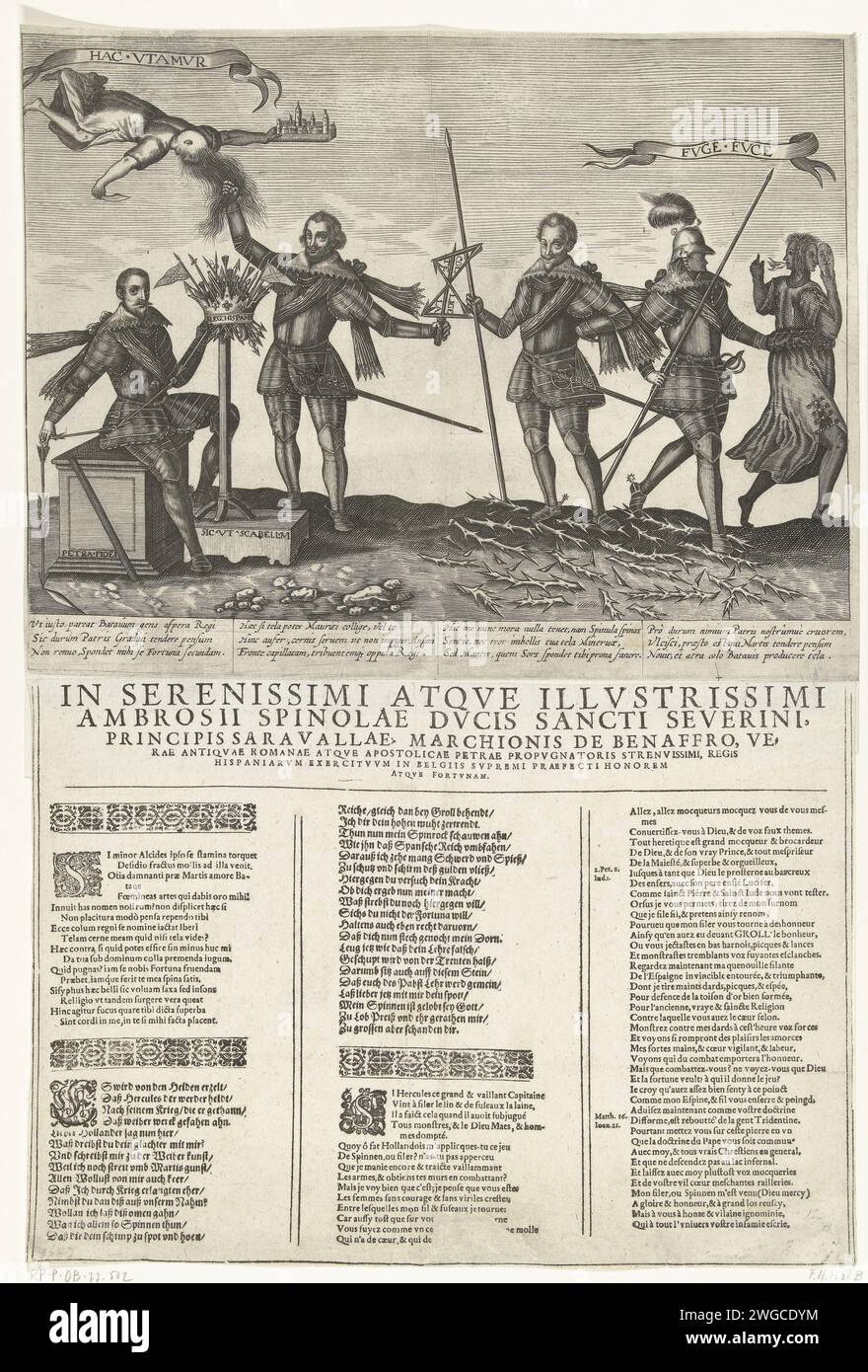 Omaggio a Spinola, ca. 1607, 1607 stampa a sinistra, spinola Arrows sta girando dalla corona spagnola. È seduto sulla Petra Fidei e la corona è su un piedistallo: Sicut Scabellum. Accanto a Spinola si trova Bucquoy che tira fortuna (Yamasio) sui capelli addosso. A destra ci sono Maurits e un guerriero sui rami di Doornet rotti dallo striscione spagnolo. Scacciano una donna con Januskop: Fuge Fuce. Con didascalia di 4 versi di 4 righe ciascuno in latino. Bloccato sotto la stampa una foglia con 3 colonne di testo in latino e tedesco. Incisione su carta del sud dei Paesi Bassi / stampa su carta Hercules Foto Stock