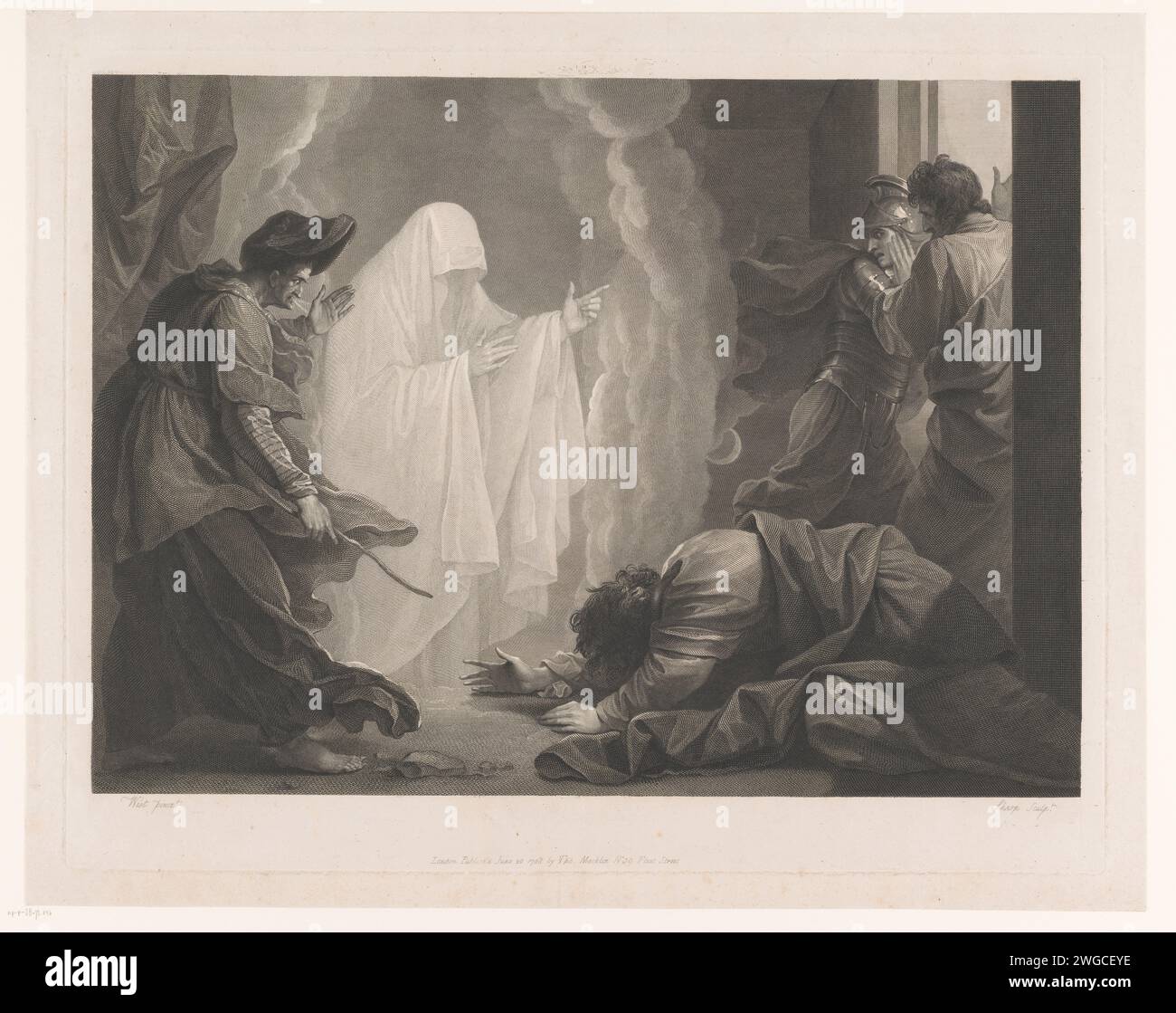 Saul e la strega di Endor, William Sharp, dopo Benjamin West, stampatore del 1788: Englandpublisher: London paper etching / incisione il fantasma di Samuel appare alla strega di Endor; Saul cade prostrato al suolo Foto Stock